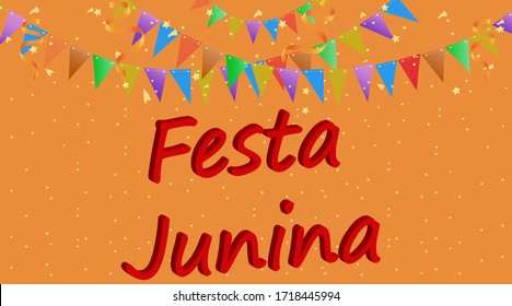 Colorful Party flags,confetti,ballon. Holiday Festival Design for Greeting Card, Invitation or Poster. Celebration & Party.Square format. Festa Junina Brazil.Vector Illustration on white isolated bg. 