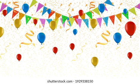 Colorful Party Flags,Confetti,Balloons.Holiday Festival Design for Greeting Card, Invitation or Poster.Celebration Party.Surprise Banner.Festa Junina Brazil. Stock vector Illustration on isolated bg. 