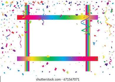 Colorful Party Frame And Confetti Falling On White Background. Birthday & Celebration Event. Multicolored. Vector Illustration
