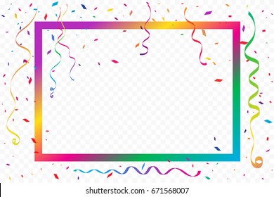 Colorful Party Frame And Confetti Falling On White Background. Birthday & Celebration Event. Multicolored. Vector Illustration