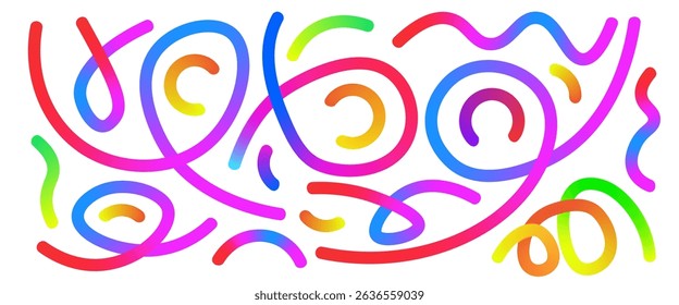 Colorful party gradient spiral lines set. Wavy abstract long shapes collection. Decorative squiggle doodles. Iridescent curved spirals elements. Vector rainbow swirls. Creative whimsical random path.