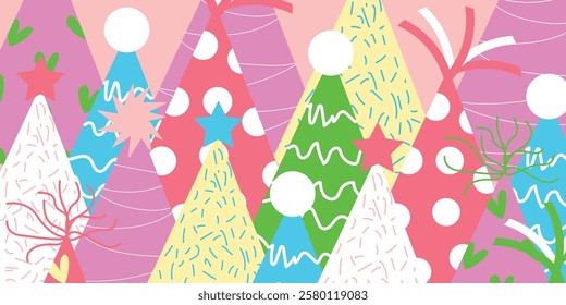 Bunte Party Hut Banner mit Whimsical Formen und lebendigen Akzenten