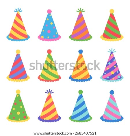 Colorful party hat set. Vector illustration of festive cone hats in flat style for birthday, celebration, event design.