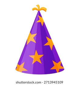 Colorful party hat with star pattern in flat vector style. Festive birthday or celebration accessory isolated on white background. Perfect for party design, kids events and holiday decoration