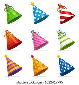 Colorful Party hats cone set isolated on white background. Accessory, symbol of the holiday. Birthday caps set. Vector illustration