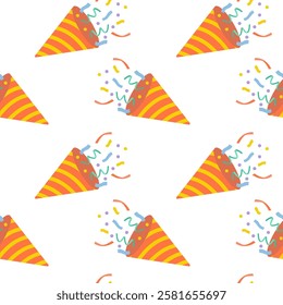Colorful party hats with confetti create a fun festive background for celebrations
