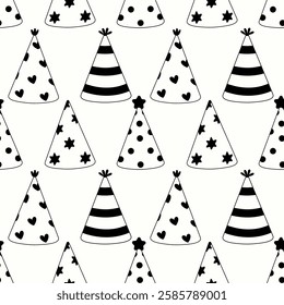 Colorful party hats in a fun repeating pattern for festive celebrations and events