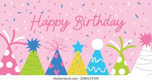 Colorful Party Hats and Happy Birthday Text on Pink Confetti Background