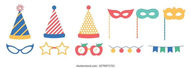 Colorful party hats and masks in various designs. Includes striped and polka dot hats, and masks in red, green, and yellow. Festive party accessories. Party illustrations, isolated element vector set.