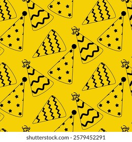 Colorful party hats on a bright yellow background for festive celebrations
