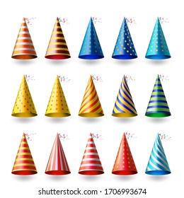 Colorful party hats. Realistic different festive headwear