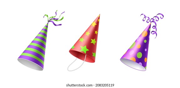 Colorful party hats. Realistic different festive headwear with various patterns, stripes and dots. Cone shaped cardboard head wear. Birthday celebration accessories. 3d vector illustration