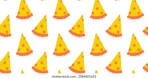 Colorful party hats in repeating pattern decorate a festive background for celebrations