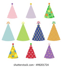 Colorful Party Hats Set with Different Pattern.Party Stuff and Decorating.