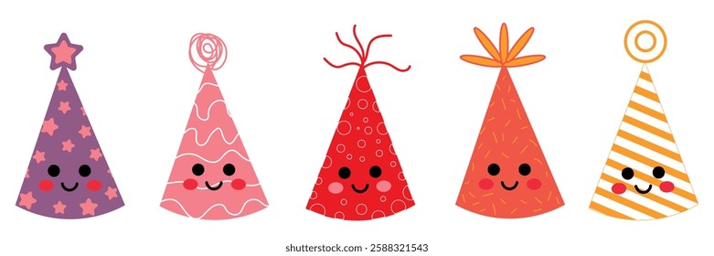 Colorful Party Hats with Smiley Faces in Cartoon Style. Illustration of smiling party hats in various designs and colors, depicting a festive and cheerful mood, perfect for celebrations, birthdays, 