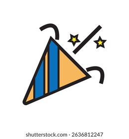Colorful party horn vector illustration with confetti, great for birthday party designs, New Year celebrations, and festive invitations.
