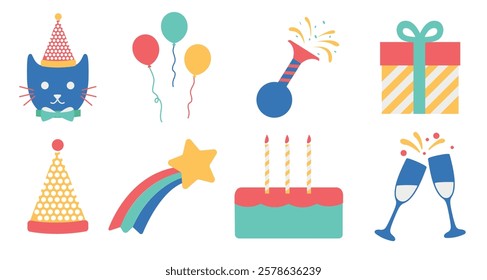 Colorful party icons: cat with hat, balloons, horn, gift, party hat, shooting star, cake with candles, champagne glasses. Festive, fun, celebrations. Party illustrations, isolated vector set.