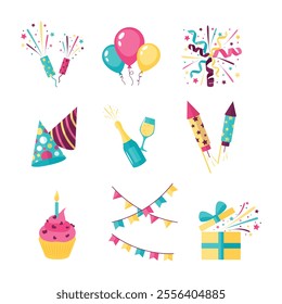 Colorful Party Icons Featuring Balloons, Fireworks, Cupcake, and Gifts	