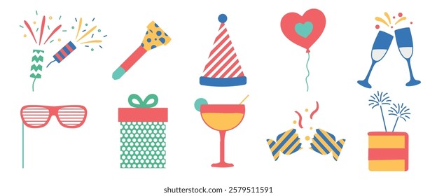 Colorful party icons featuring fireworks, party hats, balloons, and drinks. Festive partys like gifts and glasses add to the celebratory theme. Party illustrations, isolated vector set.