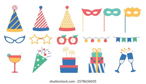 Colorful party icons featuring hats, masks, and glasses. Festives like cocktails, cakes, and gifts. Perfect for party, celebration, and festive themes. Party illustrations, isolated vector set.