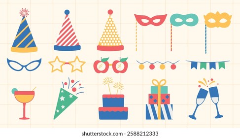 Colorful party icons including hats, masks, glasses, drinks, and gifts. Festives for celebrations, parties, and events. Bright and cheerful designs. Party illustrations, isolated vector set.