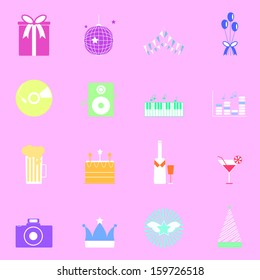 Colorful party icons on pink background, stock vector