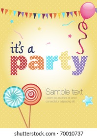 Colorful party invitation, with balloon, lollipops and flags