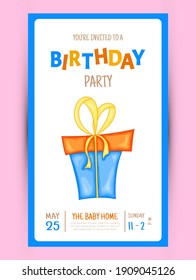 Colorful Party invitation card with a box gift on a white background. Celebration Event Happy Birthday. Multicolored. Vector
