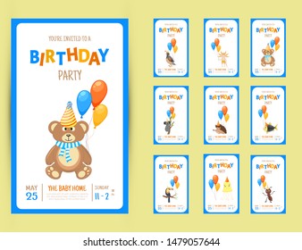 Colorful Party invitation card with a cute animals on a white background. Celebration Event & Happy Birthday. Multicolored. Vector