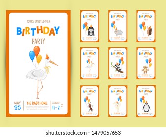 Colorful Party invitation card with a cute animals on a white background. Celebration Event & Happy Birthday. Multicolored. Vector