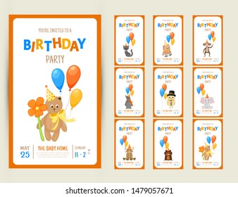 Colorful Party invitation card with a cute animals on a white background. Celebration Event & Happy Birthday. Multicolored. Vector