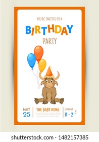 Colorful Party invitation card with a cute goby on a white background. Celebration Event & Happy Birthday. Multicolored. Vector