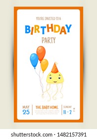 Colorful Party invitation card with a cute jellyfish on a white background. Celebration Event & Happy Birthday. Multicolored. Vector