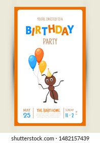 Colorful Party invitation card with a cute ant on a white background. Celebration Event & Happy Birthday. Multicolored. Vector