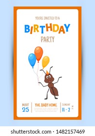 Colorful Party invitation card with a cute ant on a white background. Celebration Event & Happy Birthday. Multicolored. Vector