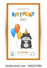 Colorful Party invitation card with a cute beaver on a white background. Celebration Event & Happy Birthday. Multicolored. Vector