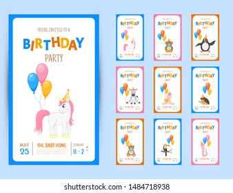 Colorful Party invitation card with a cute animals on a white background. Celebration Event & Happy Birthday. Multicolored. 