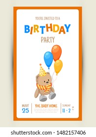 Colorful Party invitation card with a teddy bear on a white background. Celebration Event & Happy Birthday. Multicolored. Vector