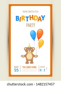 Colorful Party invitation card with a teddy bear on a white background. Celebration Event & Happy Birthday. Multicolored. Vector