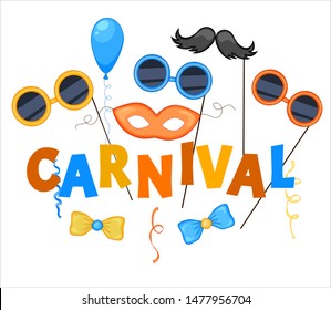 Colorful Party items on a white background. Celebration Event & Happy Birthday. Inscription "Happy Carnival". Multicolored. Vector.