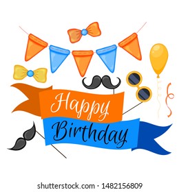 Colorful Party items on a white background. Celebration Event. Inscription "Happy Birthday". Multicolored. Vector