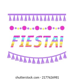 Colorful party lettering with decoration. Party supplies. Tassels and  pompoms wreath border. Fiesta pinata word composition.  Vector illustration