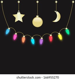 colorful party light bulbs and Christmas ball hanging on dark background. vector.