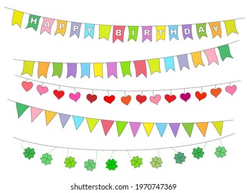 Colorful party pennants chain, garland with flags,
Holiday background with hanging colorful flags, 
Vector illustration isolated on blue background
