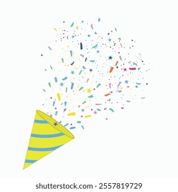 Colorful party popper bursting with confetti and stars in a festive celebration design
