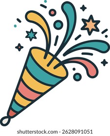 Colorful party popper exploding with confetti and stars. Perfect for celebrations and festive designs.