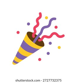 Colorful party popper exploding with confetti and streamers in joyful celebration