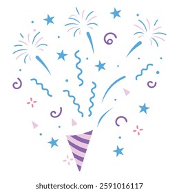Colorful Party Popper Explosion with Confetti and Fireworks – Celebration Vector Illustration.