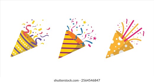Colorful party popper vector set with confetti, ribbons, and stars. Perfect for celebration post, party invitations, social media posts, and festive graphics for birthdays, New Year, or other events.
