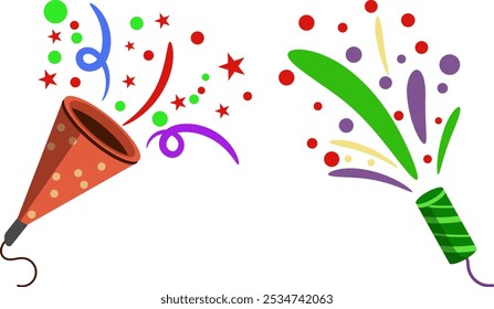 Colorful Party Poppers with Confetti Explosion Illustration